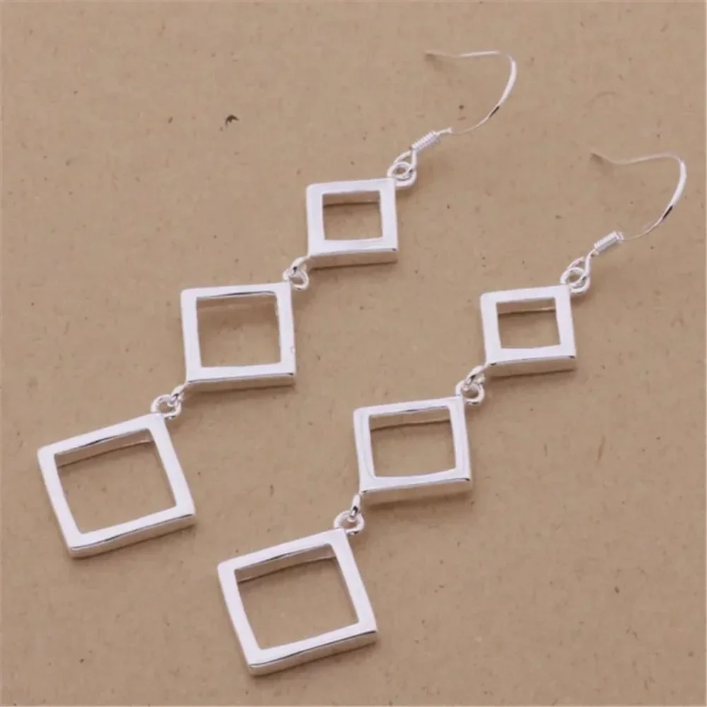 Gorgeous Hypoallergenic Hanging Squares 925 Sterling Silver 3 Inch Long Earrings - Picture 2 of 6